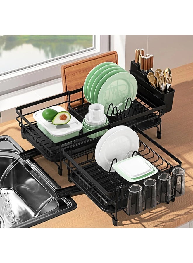 Toshionics Single Layer Expandable Foldable Retractable Dish Drying Rack with Utensil Holder & Cutting Board Holder & Drainboard Tray & Cup Holder T114726, Rotatable Drainage System Scratch Resistant Frosted Baking Process Coatings, Black - Image 4